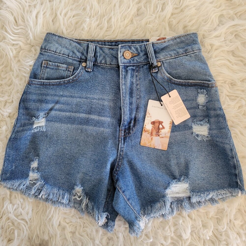 Sincerely Jules High Rise Wedge Jean Shorts Raw Hem Size 3/26